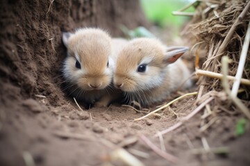 young rabbits in a burrow entrance, one grooming sibling