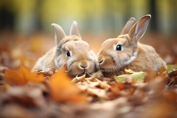 Fototapeta premium a rabbit duo grooming on a bed of autumn leaves
