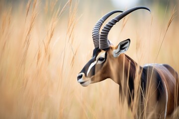 sable antelope grazing in golden savanna grass - obrazy, fototapety, plakaty
