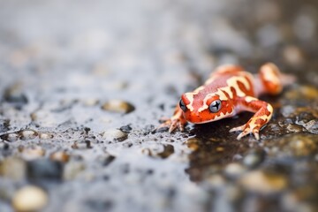 red salamander partially concealed by a small cobble