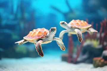 pair of sea turtles swimming side by side - obrazy, fototapety, plakaty