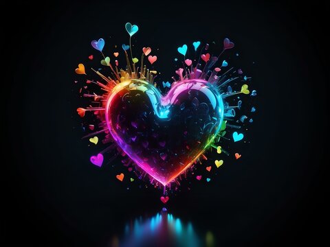 neon bubble shaped like heart with colorful small hearts, black background, isolated for design 