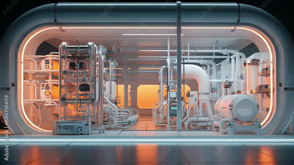 Poster minimalistic view of a futuristic lab, with glowing peach fuzz tubes and advanced machinery working 