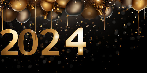 Neujahr Sylvester 2024 in goldenen Zahlen mit Ballons, abstrakte Grafik Layout Design für Werbung und Druck. ai generativ