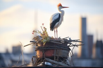 stork standing vigil on nest atop industrial chimney - obrazy, fototapety, plakaty