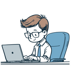 Fototapeta na wymiar Young employee looking at computer monitor during working day in office. Hand drawn in thin line style, vector illustrations.