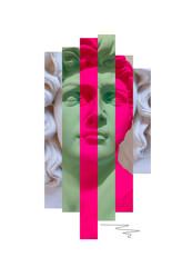 Collage with antique sculptures as human face in pop art style. Modern creative concept image with...