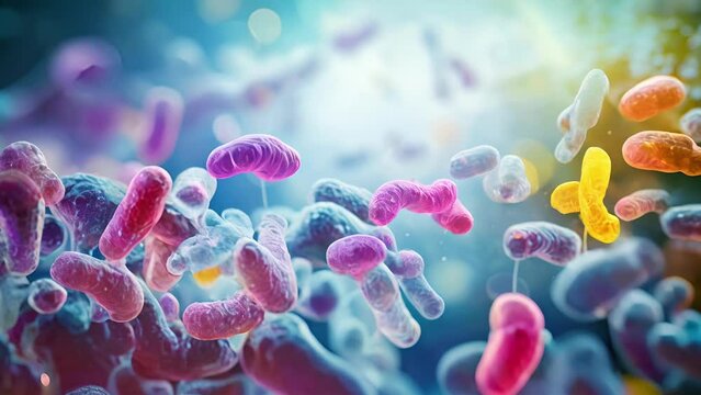A microscopic examination of the bacteria in our gut, producing essential vitamins and nutrients for our overall health and wellbeing.