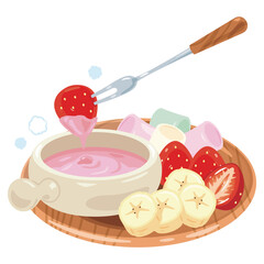 皿に盛られたフルーツやマシュマロとストロベリーチョコレートフォンデュ