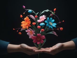 colorful flowers over couple's hands, black background, isolated for design 