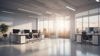 Empty modern office interior in the morning with a lot of space and wide glass windows. Minimal bright coworking office idea