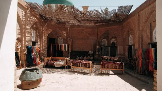 Medieval oriental architecture, central Asia. Bukhara, Uzbekistan. Street oriental bazaar. Popular travel destination