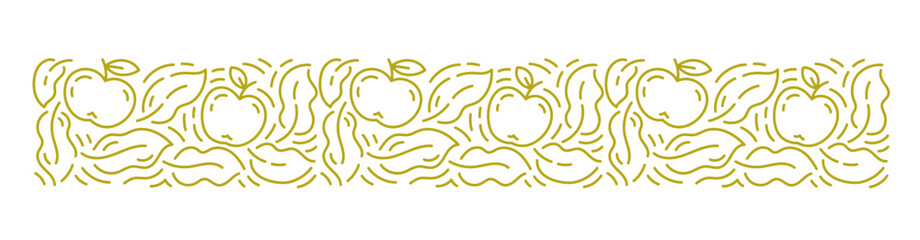 Apple and leaves horizontal background pattern. Editable outline stroke. Vector line.