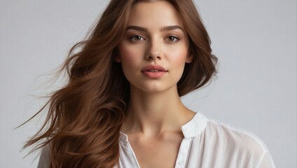 A beautiful young woman portrait wearing white shirt with long hair for skin care ads and hair treatment products. 