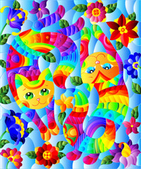 Illustration in stained glass style with a pair of rainbow cute cats on a background  bright flowers and sky
