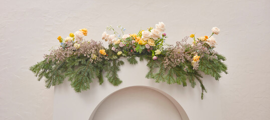 Engagement organization decoration interior style, chair table room and modern flowers detail.