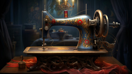 Fototapeta na wymiar An antique hand-cranked sewing machine