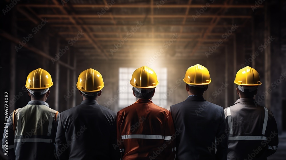 Poster engineer team holding hard hat standing in row ready for work.worker diversity group wearing vest. i