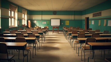 Empty school or college classroom with chairs. Image in school. copy space for text.