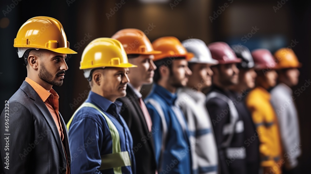 Poster engineer team holding hard hat standing in row ready for work.worker diversity group wearing vest. i