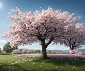 Cherry blossom tree on green meadow in springtime over blue sky. Sakura pink flowers landscape