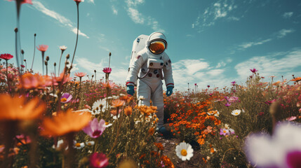 An astronaut strolls through a field full of flowers