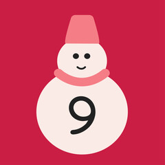 Christmas advent calendar in the style of minimalism, flat lay. Day 9 with a snowman on a pink background