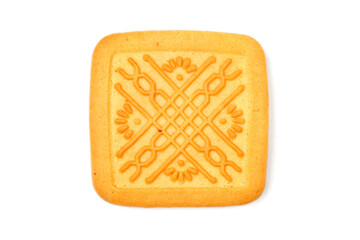 Square biscuits with ornament on white background. One cookie close-up.