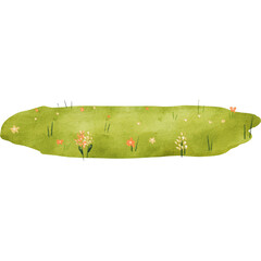 watercolor illustration of a green spring meadow adorned with flowers, for children's designs....