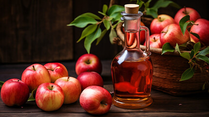 Apple cider vinegar in bottle and apples