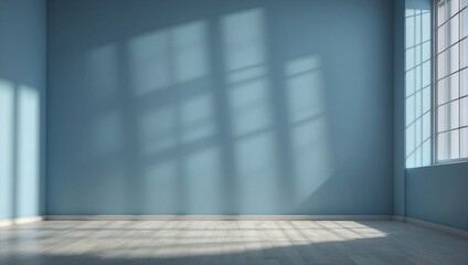 Empty room with blue walls, wooden floor and light shadow from the window, seen from the front. Modern minimalist background for product presentation or display	