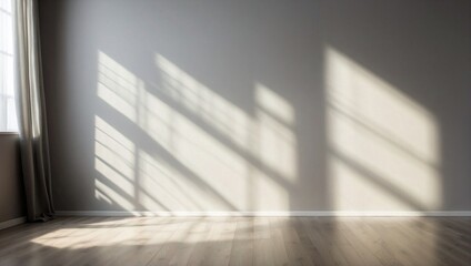 Empty room with grey walls, curtains and light shadow from the window, seen from the front. Modern minimalist background for product presentation or display