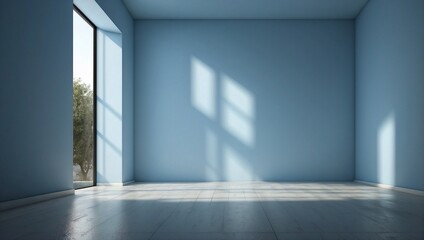 Empty room with blue walls, wooden floor and light shadow from the window, seen from the front. Modern minimalist background for product presentation or display	