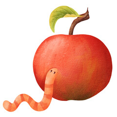 watercolor composition. a worm with an apple. Ideal for children's books, posters, invitations, and other creative projects that aim to evoke a sense of joy and imagination