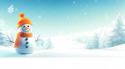 Snowman head in winter landscape, celebration background, blank background