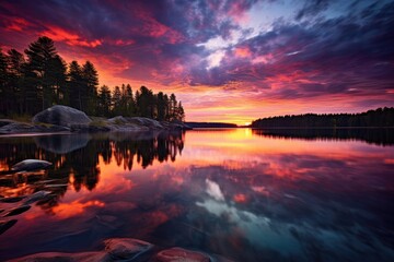 lake in the evening, An image of a vibrant sunset over a serene lake, with colorful reflections shimmering on the water, AI Generated