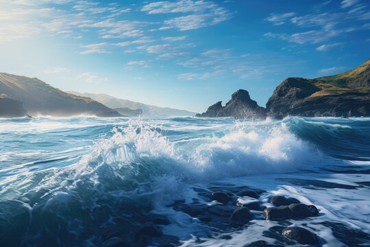 beautiful beach with sea waves, An image of a calm ocean with waves gently crashing on the shore, AI Generated