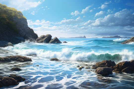 beautiful view of the sea, An image of a calm ocean with waves gently crashing on the shore, AI Generated