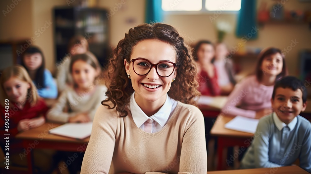 Poster portrait of smiling teacher in a class at elementary school looking at camera with learning students