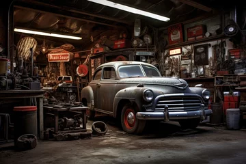 Rolgordijnen Old car in a garage, retro style, toned image, Automotive repair shop, AI Generated © Iftikhar alam