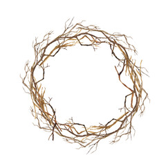 Wreath of dry twigs. Christmas drawing in watercolor. For New Year and Christmas illustrations.