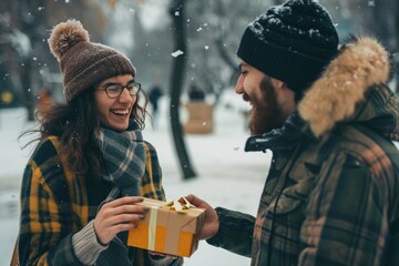 Portrait of happy loving couple, Smiling man surprises his girlfriend with present outdoor