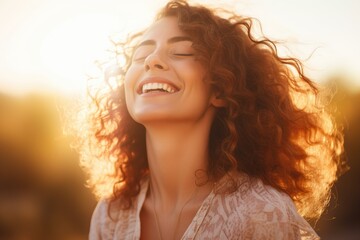 Portrait of a beautiful young woman with long curly hair in a sunset light, Backlit Portrait of calm happy smiling free woman with closed eyes enjoys a beautiful moment, AI Generated - Powered by Adobe
