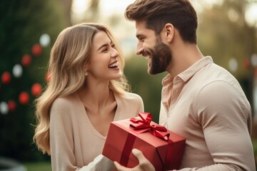 Obraz premium Portrait of happy loving couple, Smiling man surprises his girlfriend with present outdoor