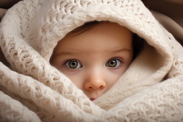 Fototapeta na wymiar Cute little baby girl hiding under warm knitted blanket, closeup, beautiful baby looking out from under blanket, AI Generated