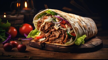 Shawarma sandwich on wooden rustic background. Gyro fresh roll with pita with grilled Image of food. copy space for text.