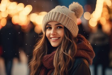 Portrait of a beautiful young woman with long wavy hair wearing a warm hat and scarf on the...