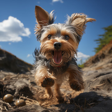 Realistic photo of happy Yorkshire terrier on sunny day running towards viewer