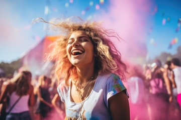 Happy young woman having fun at a music festival on a sunny day, Beautiful young woman having fun at colourful music festival, AI Generated