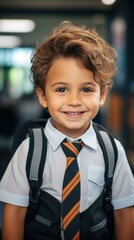 A young boy wearing a tie and a school uniform. Generative AI.